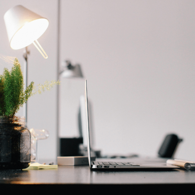 Minimalist office desk with an open laptop, desk lamp, small potted plant, and blurred background.